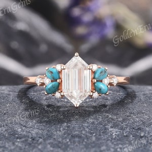 Vintage Hexagon Moissanite Engagement Ring Unique Wedding Rings for Women Delicate Turquoise Cluster Ring Anniversary Gift for Her Custom