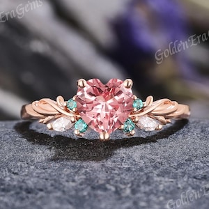 Heart Pink Sapphire Engagement Ring: Emerald, Moissanite, Gold Leaf Band