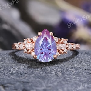 Vintage Pear Alexandrite Engagement Ring Gold Nature Inspired Leaf Wedding Rings for Women Half Halo Ring Anniversary Gift for Her Custom