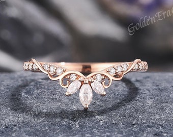 Unique Moissanite Curved Wedding Band Gold Art Deco Vine Wedding Rings for Women  Stackable Ring Chevron Band Anniversary Gift for Her