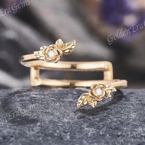 Nature Inspired Moissanite Double Curved Wedding Band Gold Flower Ring Enhancer Stackable Wedding Rings for Women Art Deco Ring Vine Gift