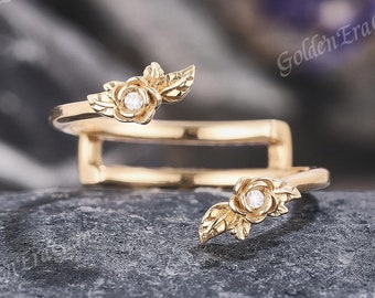 Nature Inspired Moissanite Double Curved Wedding Band Gold Flower Ring Enhancer Stackable Wedding Rings for Women Art Deco Ring Vine Gift