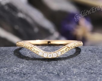 Nature Inspired Moissanite Curved Wedding Band Solid Gold Leaf Design Wedding Rings for Women Unique Matching Ring Anniversary Gift For Her