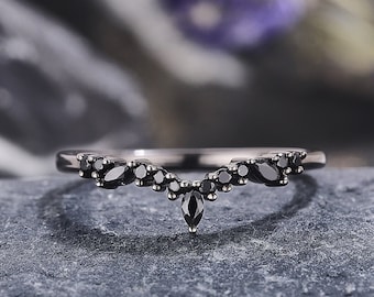 Unique Marquise Black Onyx Curved Wedding Band Black Gold Onyx Wedding Ring Black Diamond Stacking Matching Custom Promise Ring For Women