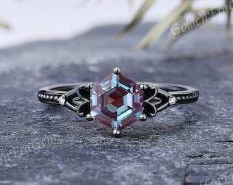 Hexagon Cut Alexandrite Engagement Ring Vintage Black Gold Ring Unique black wedding band Diamond Ring Anniversary Gift Celtic Gothic Ring