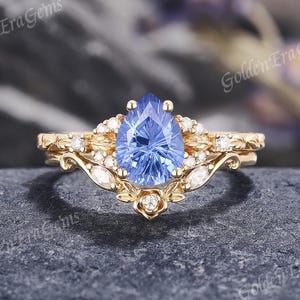 Unique Firework Sapphire Engagement Ring Set Gold Unique Leaf Wedding Rings for Women Nature Inspired Rings Handmade Gift for Her Custom