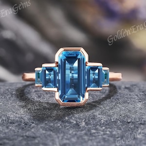 Art Deco London Blue Topaz Engagement Ring Unique Baguette Cut Wedding Rings for Women Art Deco Bezel Ring Handmade Birthstone Gift for Her