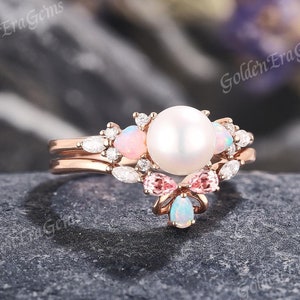 Unique Akoya Pearl Engagement Ring Set Gold Delicate Heart Opal Moissanite Cluster Wedding Rings for Women Anniversary Gift for Her Custom