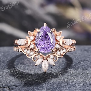 Vintage Purple Sapphire Engagement Ring Set Gold Unique Leaf Moon Wedding Rings for Women Firework Rings Anniversary Gift for Her Custom