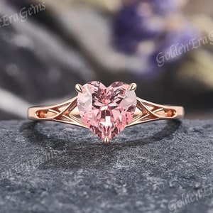 Art Deco Pink Sapphire Engagement Ring Unique Solitaire Heart Wedding Rings for Women Gold Unique Anniversary Gift for Her Handmade Ring