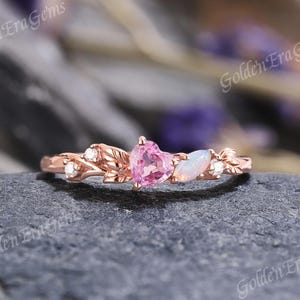 Natural Inspired Pink Sapphire Wedding Band Marquise Opal Wedding Ring Leaf Wedding Rings for Women Cluster Stackable Ring Anniversary Gift