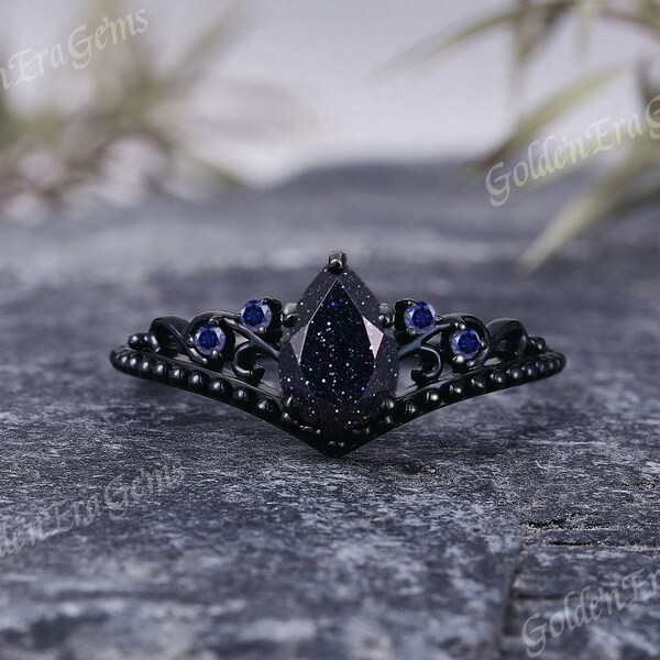 Vintage Pear Shaped Blue Sandstone Engagement Ring Solid Black Gold Gothic Sapphire Cluster Ring Unique Twig Vine Anniversary Ring For Women