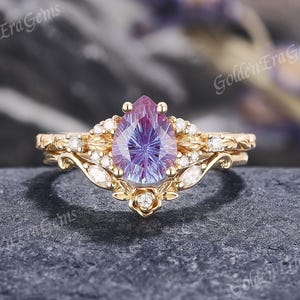 Art Deco Alexandrite Engagement Ring Set Gold Unique Leaf Wedding Rings for Women Nature Inspired Floral Rings Handmade Gift for Her Custom
