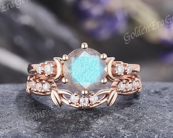 Nature Inspired Labradorite Engagement Ring Set Delicate Moon Wedding Rings for Women Moissanite Cluster Ring Anniversary Gift for Her