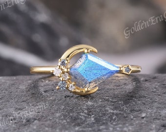 Art Deco Kite Labradorite Engagement Ring Gold Unique Moon Wedding Rings for Women Alexandrite Moissanite Cluster Ring Handmade Gift for Her