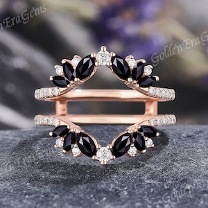 Art Deco Black Onyx Moissanite Curved Wedding Band Gold Double Wedding Rings for Women Enhancer Ring Vine Ring Guard Anniversary Gift