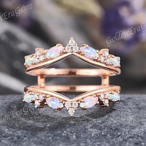 Art Deco Opal Wedding Band Rose Gold Double Curved Wedding Band Enhancer Ring Moissanite Wedding Rings for Women Stackable Ring Guard Custom