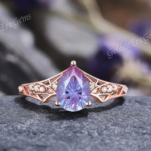 Pear Cut Alexandrite Engagement Ring Rose Gold Star Halo Ring (Customizable)