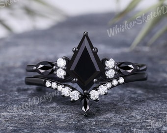 Drachen Schwarzer Onyx Ring Schwarzgold einzigartige Verlobungsring Set Moissanit Ring Schwarzer Spinell Ring Gothic Schwarzer Stein Ring für Sie