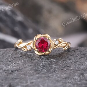 Natural Inspired Ruby Engagement Ring Gold Unique Rose Flora Design Wedding Rings for Women Delicate Cluster Ring Anniversary Gift Women