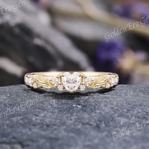 Natural Heart Cut Moissanite Engagement Ring Unique Leaf Design Wedding Rings for Women Delicate Cluster Ring Custom Gift for Her Handmade