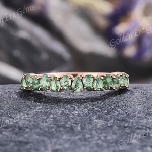 Art Deco Moss Agate Wedding Band Gold Unique Wedding Rings for Women Stackable Delicate Handmade Ring Anniversary Gift for Her Birthstone