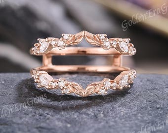 Unique Marquise Moissanite Double Curved Wedding Band Gold Leaf Enhancer Ring Stackable Wedding Rings for Women Art Deco Ring Vine Gift