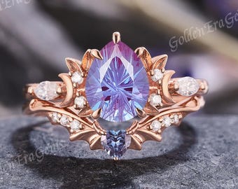 Art Deco Alexandrite Engagement Ring Set Rose Gold Unique Leaf Moon Wedding Rings for Women Bat Wing Rings Anniversary Gift for Her Custom