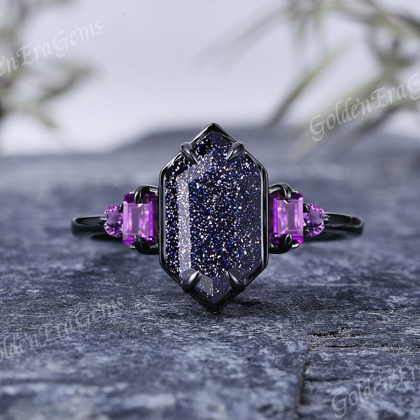 Galaxy Sandstone Engagement Ring Orion Nebula Promise Ring Bezel Set Baguette Amethyst Cluster Promise Jewelry For Women Anniversary Gifts