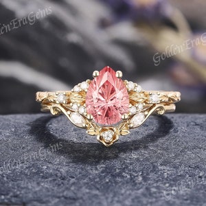 Art Deco Firework Pink Sapphire Engagement Ring Set Gold Unique Leaf Wedding Rings for Women Handmade Anniversary Gift for Her Personalized