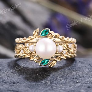 Art-Deco-Akoya-Perle, Verlobungsring-Set Einzigartige 3 Stück Trauringe für Frauen Blattgold Ring-Set Smaragd-Enhancer Ringe Geschenk für sie