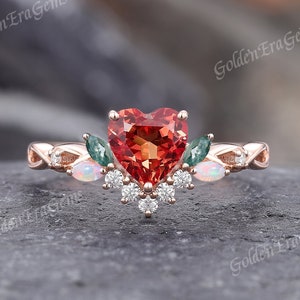 Art Deco Heart Orange Sapphire Engagement Ring Nature Inspired Moss Agate Opal Cluster Branch Wedding Rings for Women Anniversary Gift