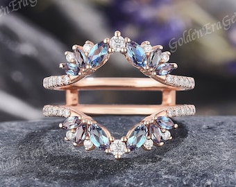 Art Deco Alexandrite Moissanite Curved Wedding Band Gold Double Wedding Rings for Women Enhancer Ring Vine Ring Guard Anniversary Gift