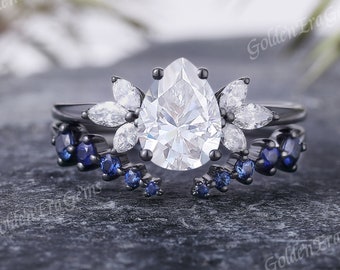 Art Deco Moissanite Engagement Ring Set Pear Sapphire Wedding Rings for Women Moissanite Cluster Ring Handmade Anniversary Gift for Her