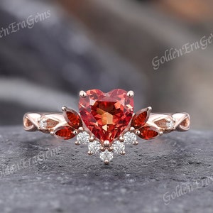 Art Deco Heart Orange Sapphire Engagement Ring Nature Inspired Garnet Moissanite Cluster Wedding Rings for Women Delicate Anniversary Gift