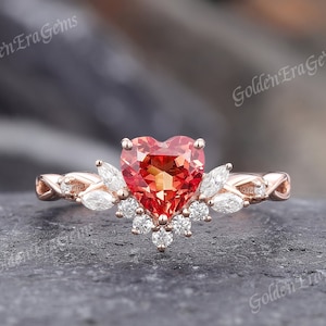 Art Deco Heart Orange Sapphire Engagement Ring Nature Inspired Moissanite Cluster Branch Wedding Rings for Women Delicate Anniversary Gift