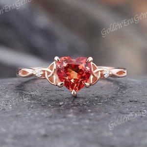 Art Deco Heart Orange Sapphire Engagement Ring Unique Celtic Wedding Rings for Women Delicate Moissanite Ring Anniversary Gift for Her