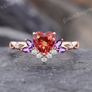 Art Deco Heart Orange Sapphire Engagement Ring Nature Inspired Amethyst Moissanite Cluster Wedding Rings for Women Delicate Anniversary Gift
