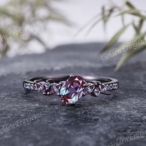 Black Gold Oval Cut Alexandrite Engagement Ring Black Gold Marquise Alexandrite Wedding Ring Gothic Ring Bridal Ring Best Gifts For Women