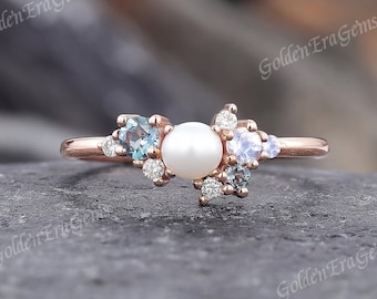 Art Deco Akoya Pearl Engagement Ring Delicate Alexandrite Moonstone Moissanite Wedding Rings for Women Delicate Anniversary Gift for Her