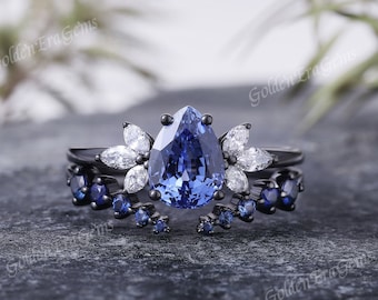 Vintage Cornflower Sapphire Engagement Ring Set Women Rose Gold Pear Sapphire Wedding Ring Open Wedding Band Unique Bridal Set For Women