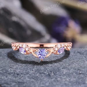 Vintage Heart Tanzanite Curved Wedding Band Vintage Celtic Wedding Rings for Women Unique Stackable Chevron Band Anniversary Gift for Her