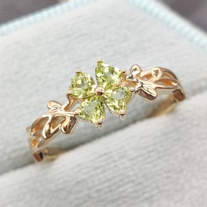 Unique Heart Peridot Lucky Clover Engagement Ring Nature Inspired Leaf ...