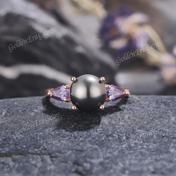 Art Deco Tahitian Black Pearl Engagement Ring Delicate Coffin