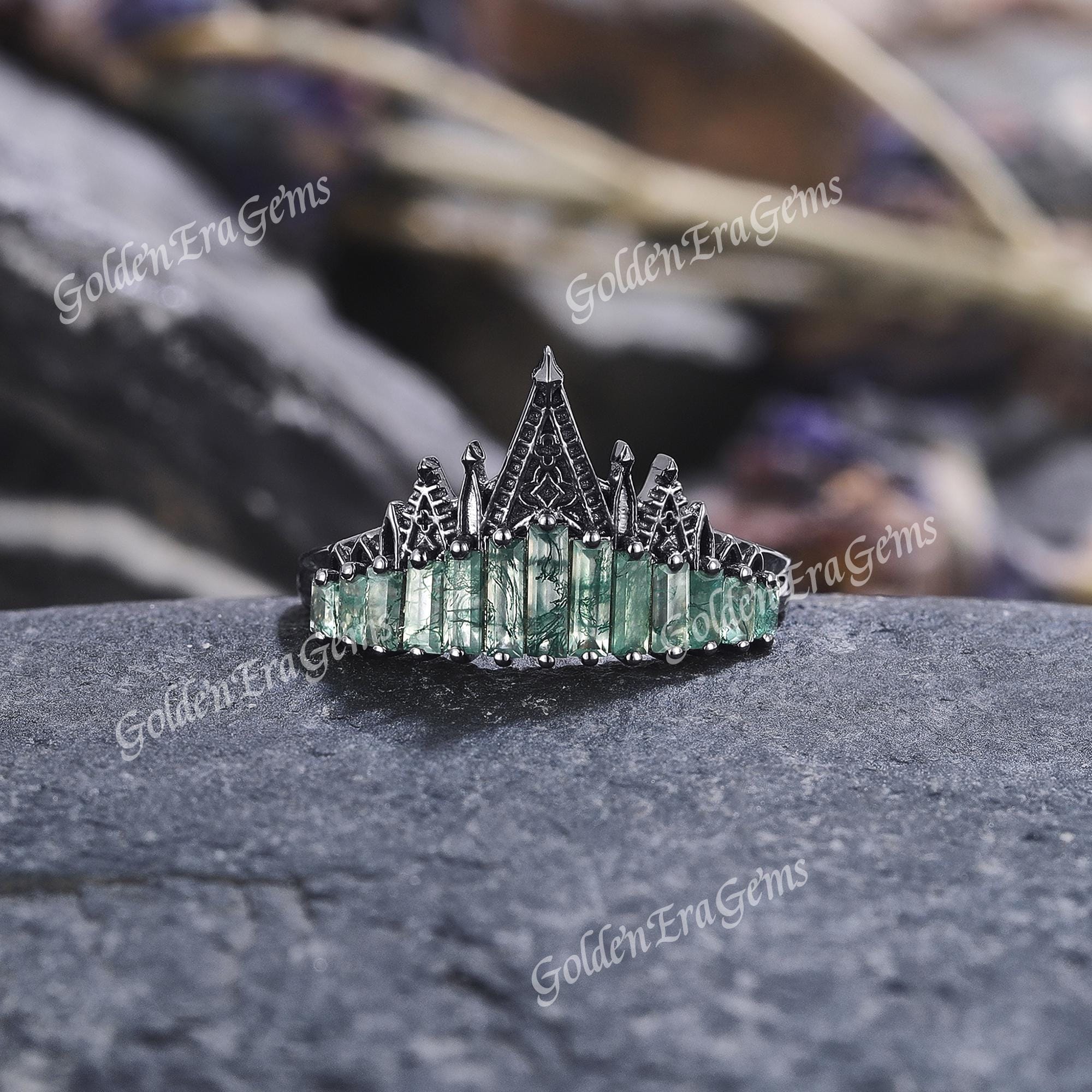 Gothic Cathedral Moss Agate Wedding Band, Unique Natural Moss Agate Bridal Jewelry, Alternative Statement Band, Custom Mens Ring