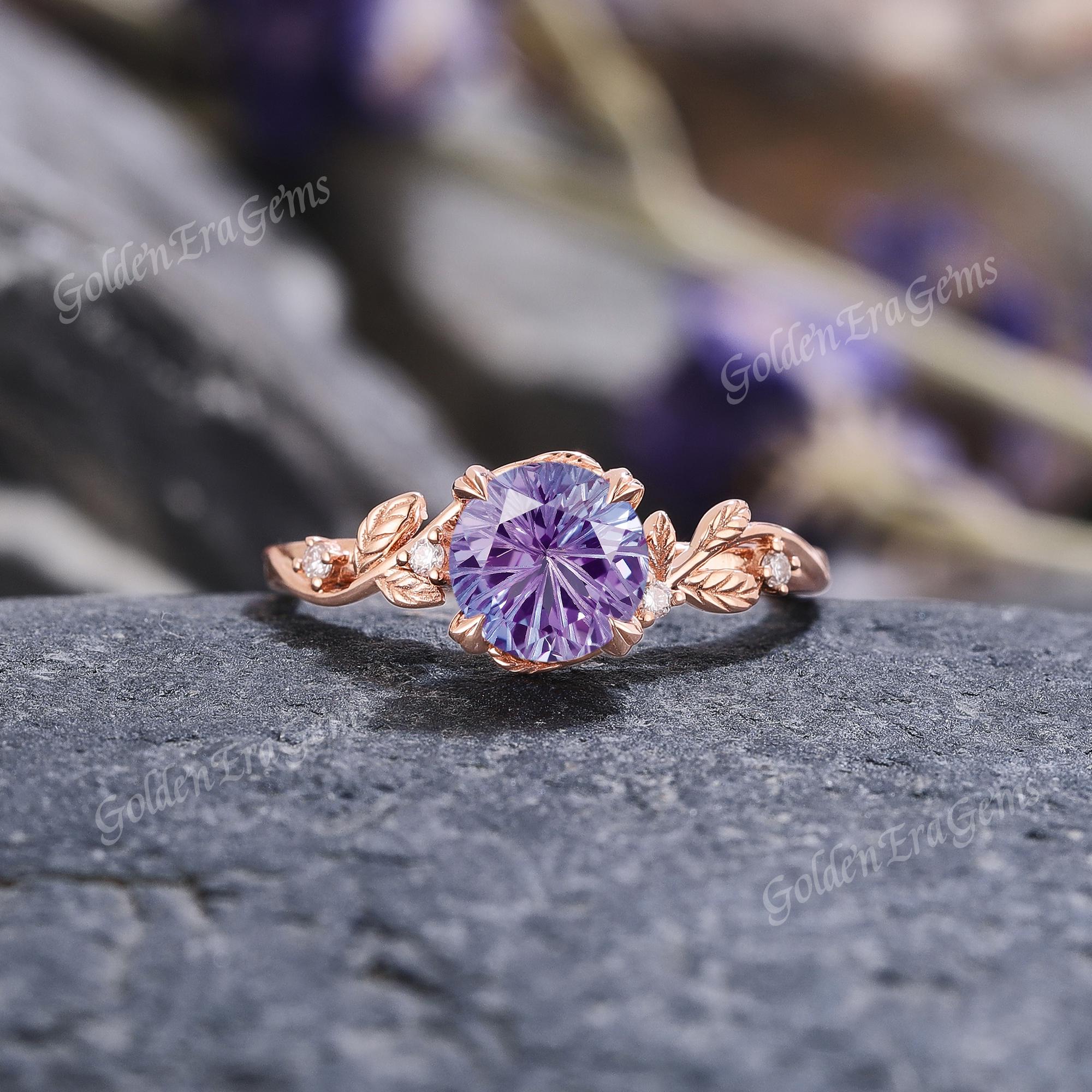 Art Deco Firework Alexandrite Engagement Ring Round Leaf Wedding Rings for Women Firework June Birthstone Ring Personalized Gift for Her