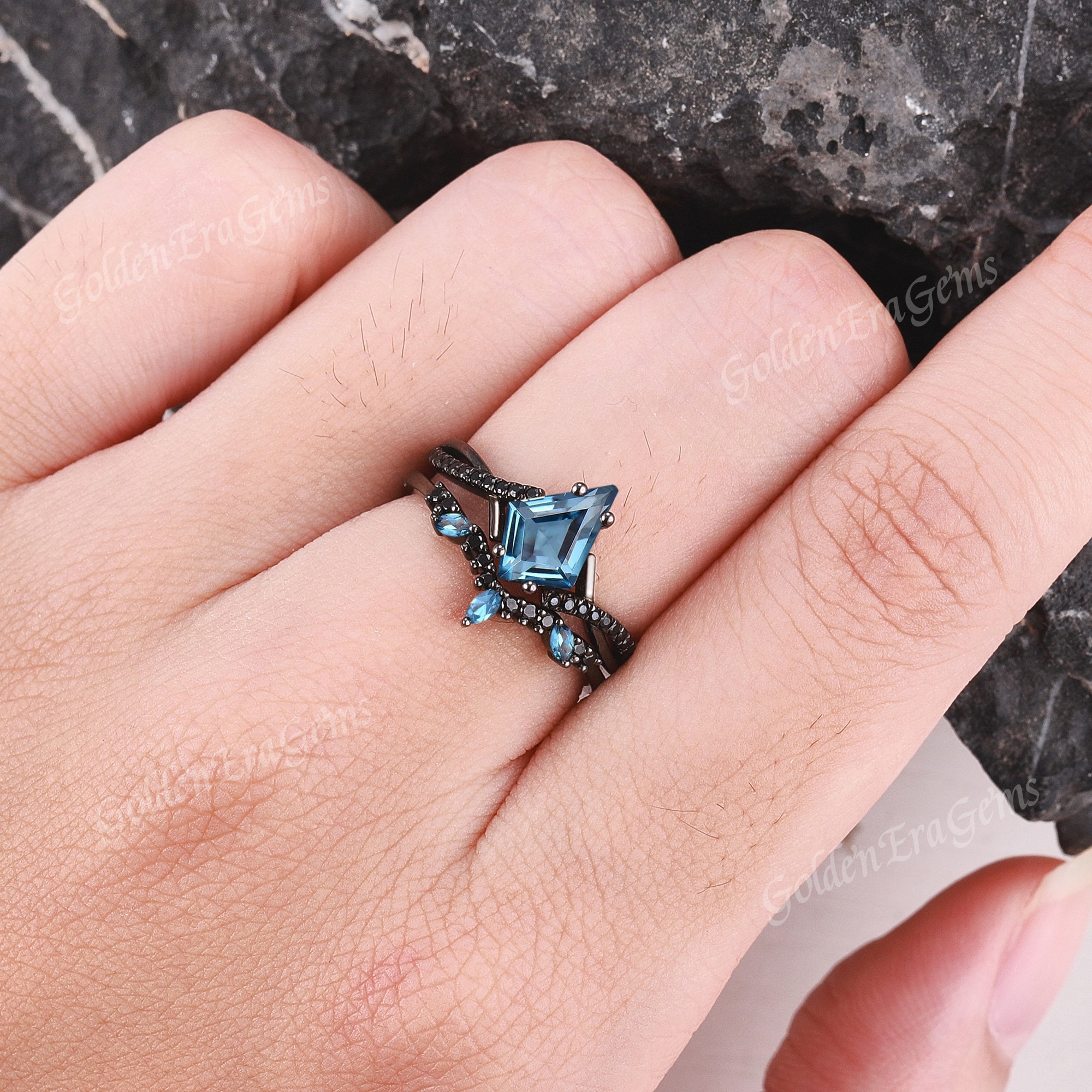 Art Deco Kite London Blue Topaz Engagement Ring Set Black