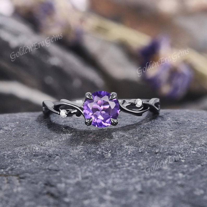 Delicate Amethyst Engagement Ring Black Gold Nature Inspired Leaf Wedding Rings for Women Customized Witchy Bridal Wedding Gift for her