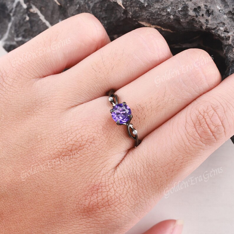 Delicate Amethyst Engagement Ring, Black Gold Nature Leaf Wedding Band, Custom Witchy Bridal Gift image 3