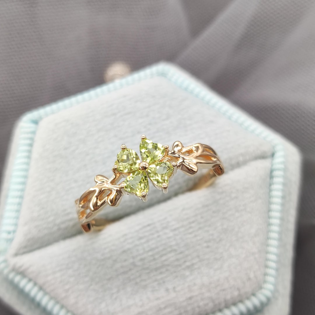 Unique Heart Peridot Lucky Clover Engagement Ring Nature Inspired Leaf ...